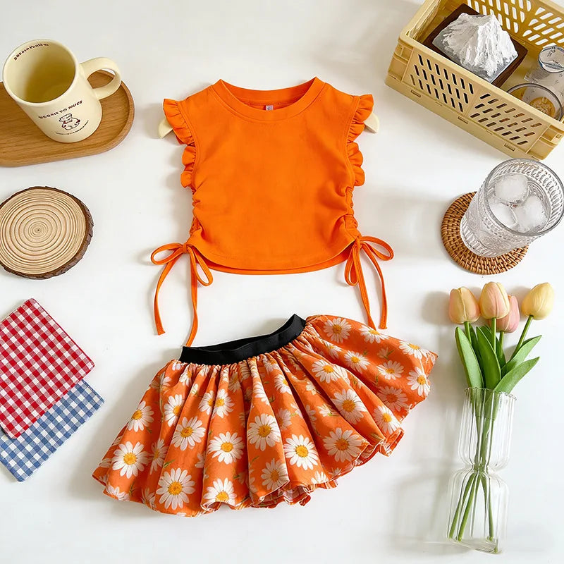 Kids Girls Summer Clothes Sets Fashionable Lace T-shirt + Floral Skirt Pants Children Clothing Baby 2pcs Sets Kids Clothes Girls