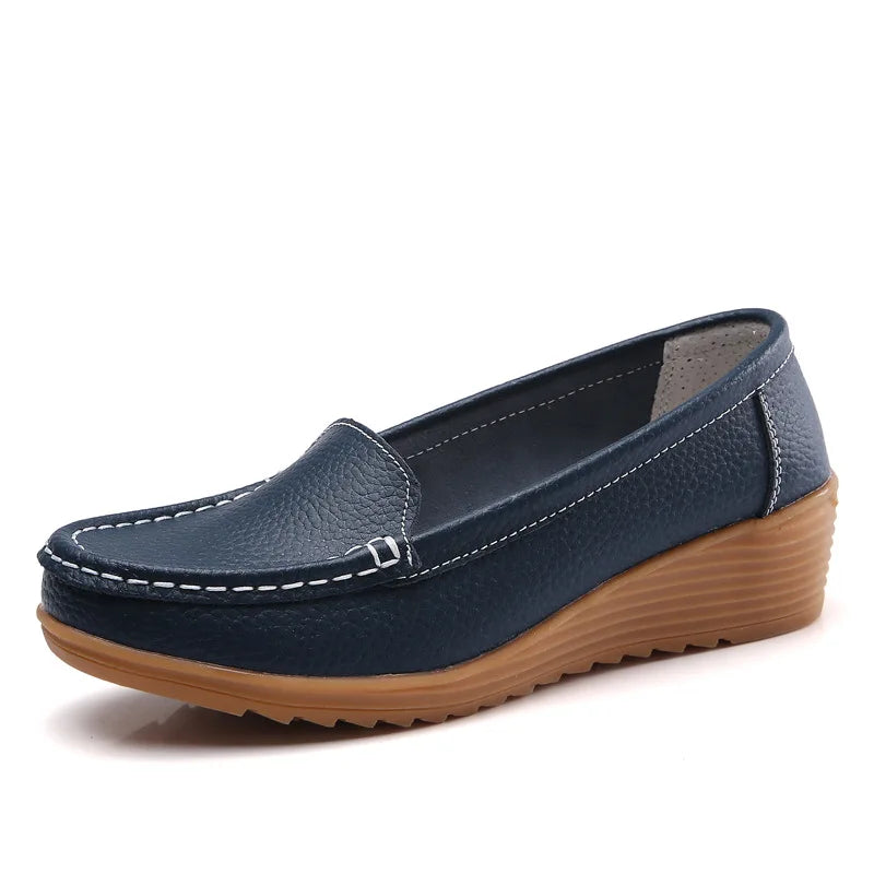 Women Shoes for Work Wedge Low Heels Casual Shoes Woman Slip-on Spring Autumn Genuine Leather Comfortable Female Shoes WSH2693