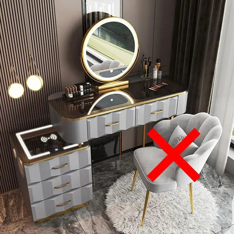 Makeup Vanity Desk with Wireless Charging Station and Bluetooth Speaker, Dressing Table with Tempered Glass Desktop,Vanity Set