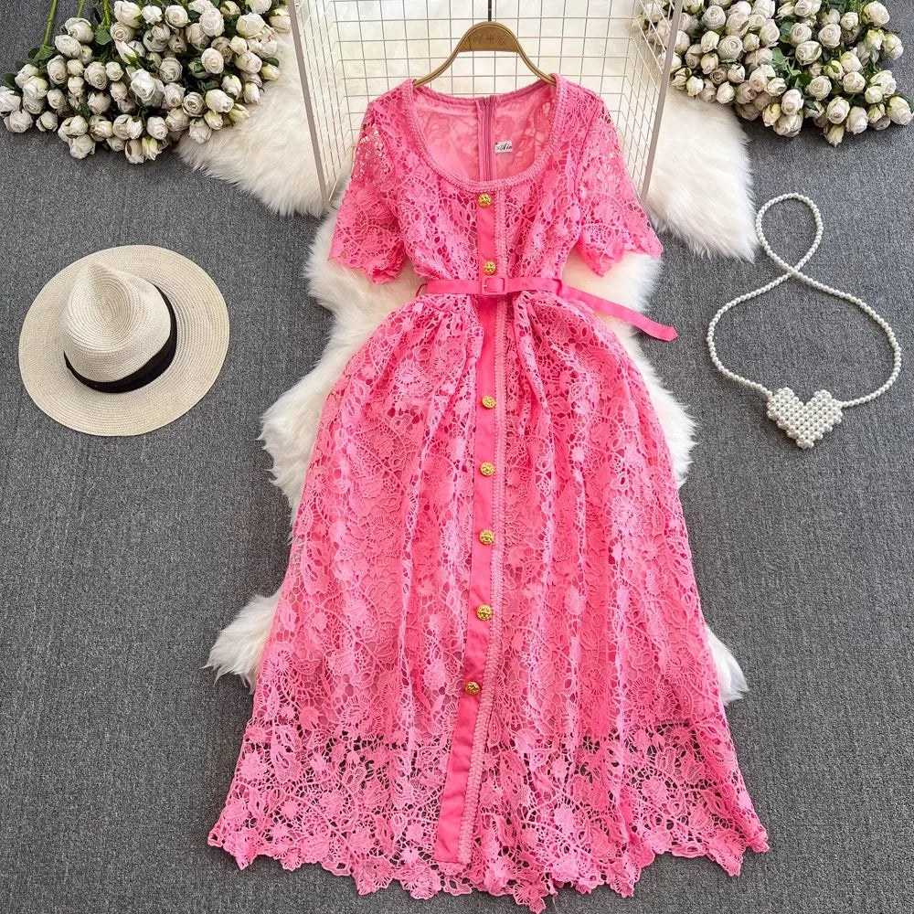 Summer Blue Lace Dress Women Hook Flower Hollow Golden Button Bodycon Vintage Clothing Square Neck Street Vestido Party