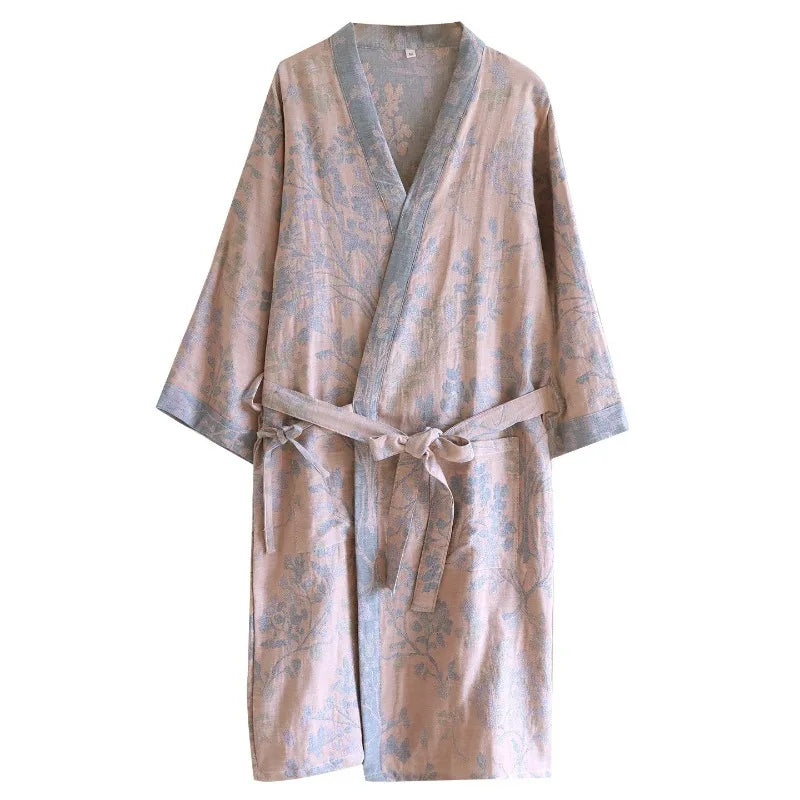 2026 New Women's Spring/Summer Sleeping Robe 100% Cotton Gauze Color woven Jacquard Bathrobe Quick drying Robe Sleepwear