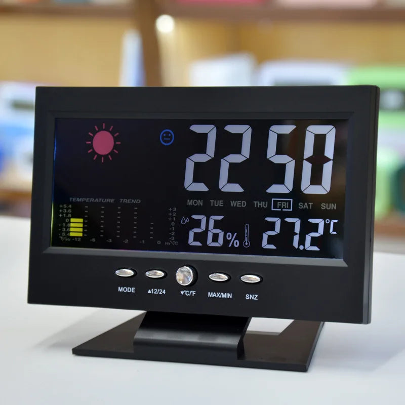 Electronic Alarm Clock Digital Alarm Clock Weather Station Time Temperature Humidity Display Clock with USB Cable Sound Control