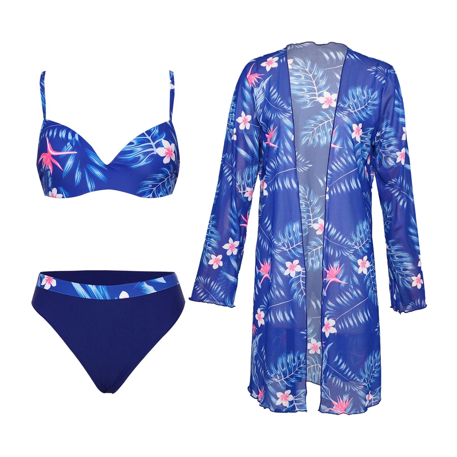 Womens Swim Sets Swimsuit Outfits Underwired Padded Bikini Set with Chiffon Cover-up Tropical Print Swimwear Beach Bathing Suit