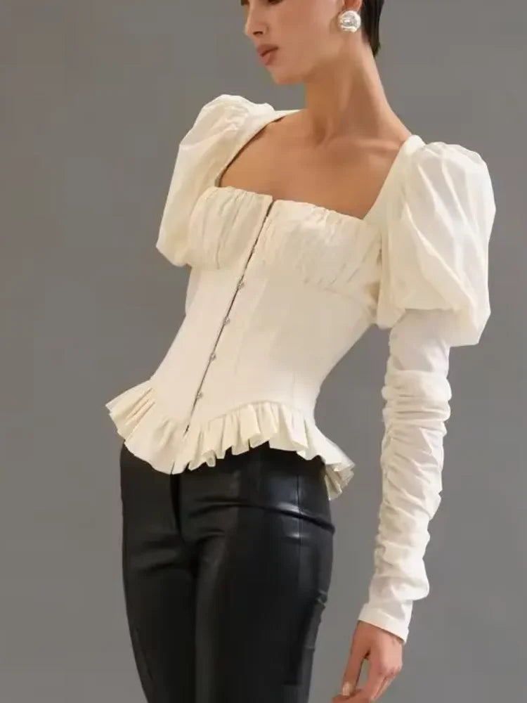 Casual Fishbone Bubble Sleeves Women Square Neck Top Puffed Backless Pleated Short Slim Blouse Lady Club Party Tops 2026 Spring