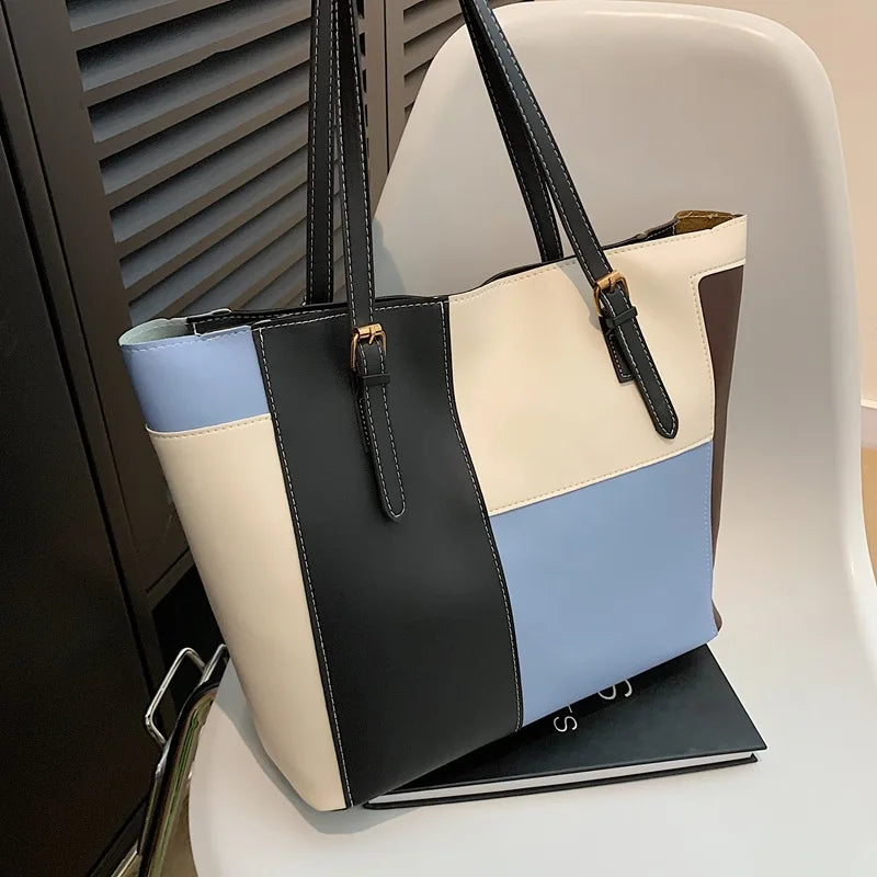 Women's Handbag, 2025 New Fashion Korean Version Large Capacity Simple Single Shoulder Contrasting Color Tote Bags, Handbag