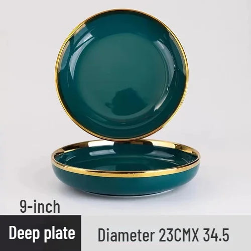Gold Edging Green Porcelain Plates Food Dinner Set Dishes Salad Soup Bowl Ceramic Plates Bowls Luxurious Tableware Set
