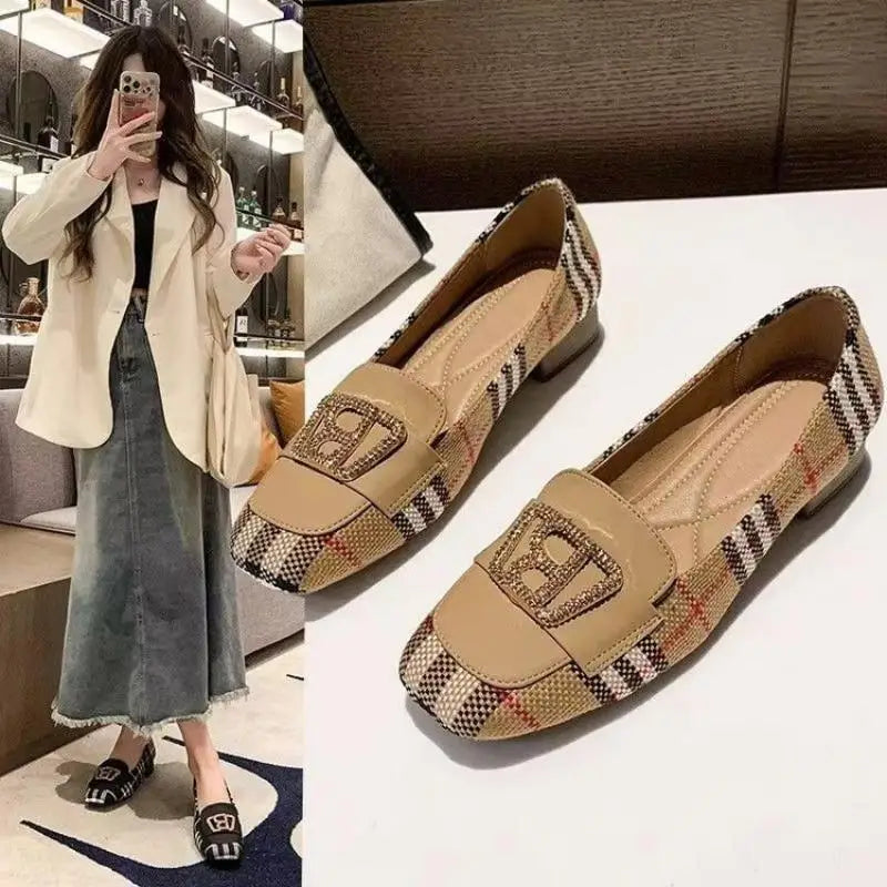 Women's slip-on shoes with square toe, plaid color-blocking, metal buckle, stylish low chunky heels, versatile style.