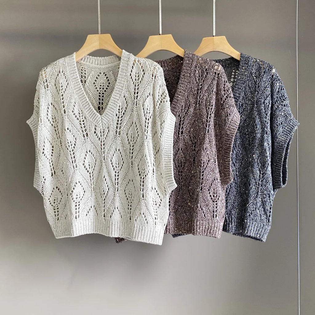 25 Spring And Summer New Women'S Hollow Diamond Grid Sequin Embroidery Knitted Sweater Bat Sleeve Thin V-Neck Top