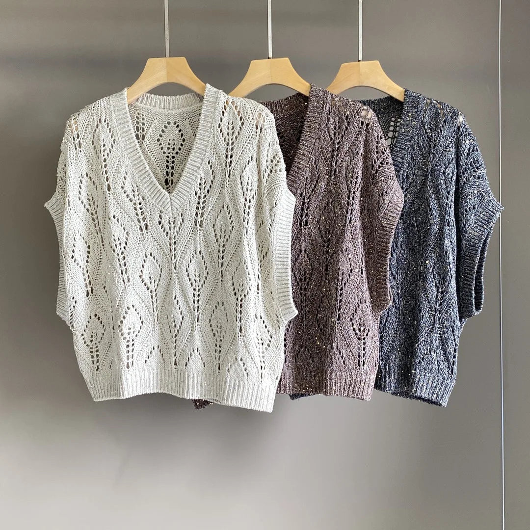 25 Spring And Summer New Women'S Hollow Diamond Grid Sequin Embroidery Knitted Sweater Bat Sleeve Thin V-Neck Top