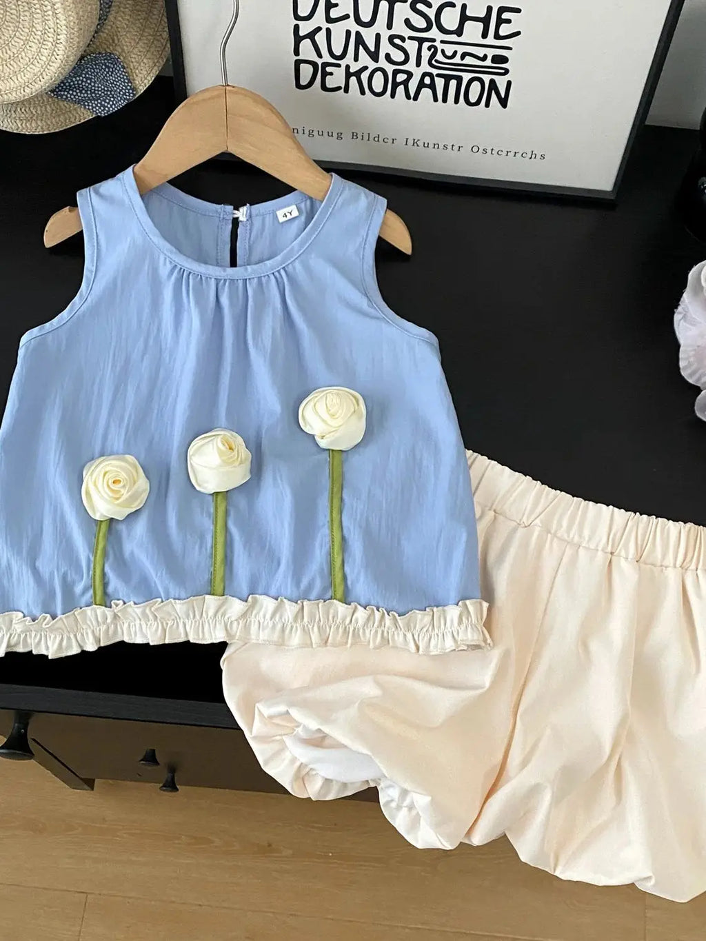 Kids Clothing Sets New Summer 3D Flower Sleeveless Tank Top + Floral Bud Shorts Girl Clothing Suits