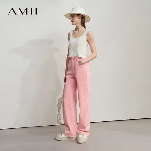 AMII Minimalist Women's Jeans  Autumn New Versatile Retro Straight-leg Pants Solid Color Cotton Commuter Trousers 1254