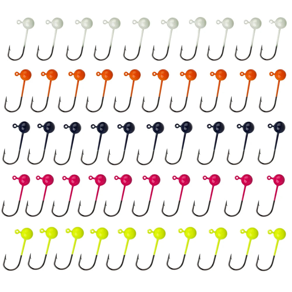 50PCS Fishing Hooks Set 0.4/0.8/1/1.5/2g Sharp Durable Barbed Jig Head Hook Fishihooks Fishing Equipment Gear Tackle Accessories