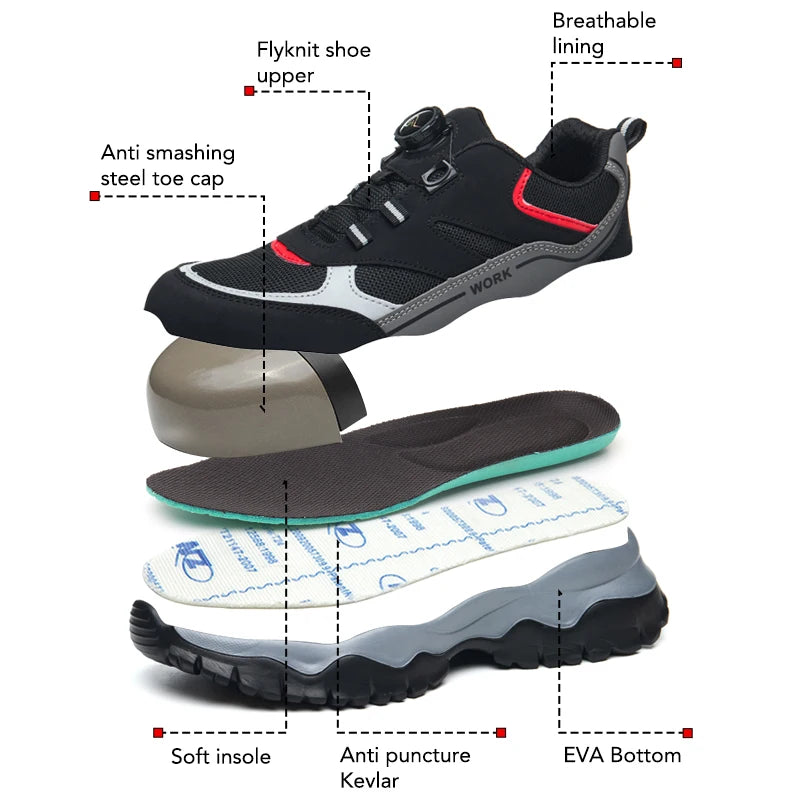 Mens Work Shoes Steel Toe Safety Boots Anti-smash Shoes Mens Black Hiking Boots Lightweight Breathable Sneakers for Outdoor Work