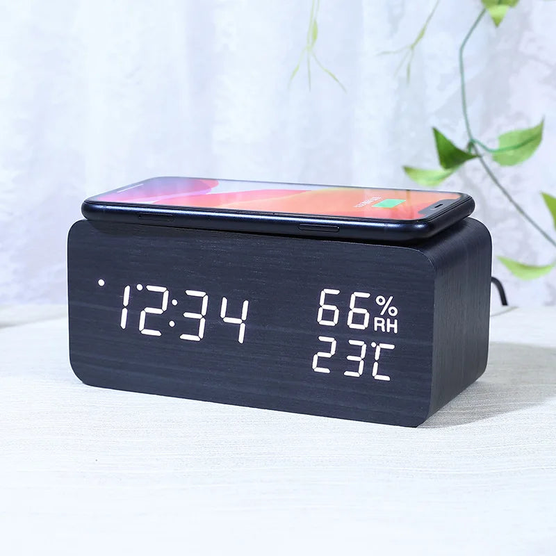New Wooden Digital Alarm Clock Bluetooth Speaker with Wireless Charging Led Temperature Humidity Display Sound Control Function