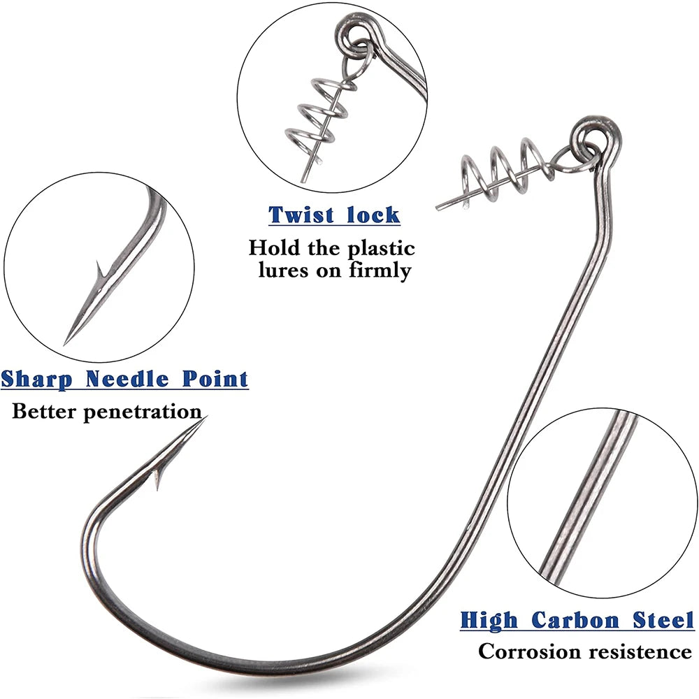 30Pcs Worm Fishing Hooks Jig Crank Barbed Hook High Carbon Steel Swimbait Hooks with Spring Twist Lock for Soft Fishing Lures
