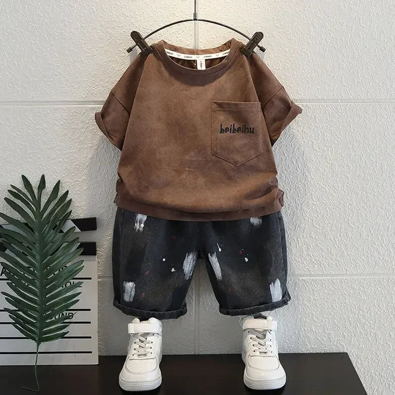 Kids Clothing 2pcs Sets Boys Grey Hole Short Sleeved T-shirt+ Denim Shorts Summer Suit 2025 New  Handsome Baby Clothes