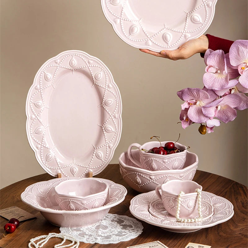 Pink Plate Set Retro Embossed Ceramic Dishes Cup and Saucer Breakfast Milk Mug Soup Plate Kitchen Tableware Housewarming Gift