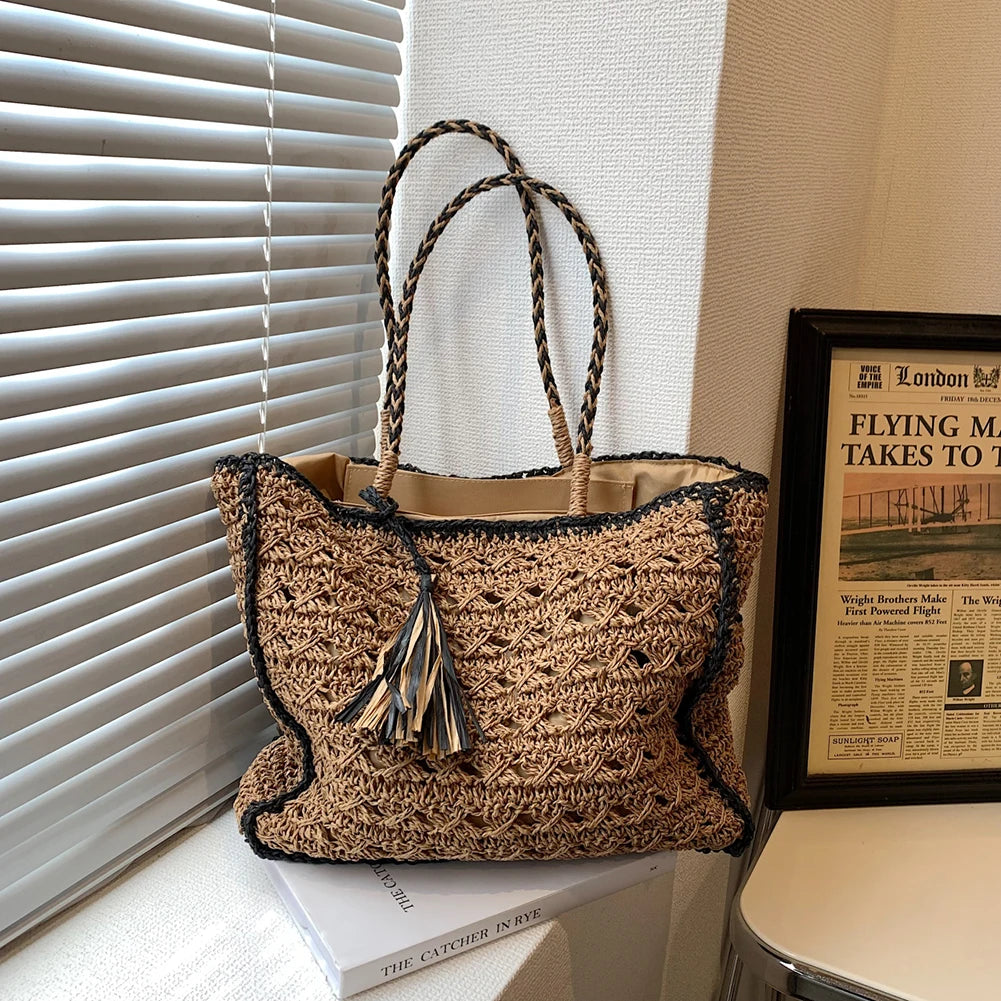 Summer Straw Bags for Women Straw Shoulder Bags Rattan Woven Boho Wicker Beach Tote Handbags Hollow Out Tassel Handle Bag Bolsas