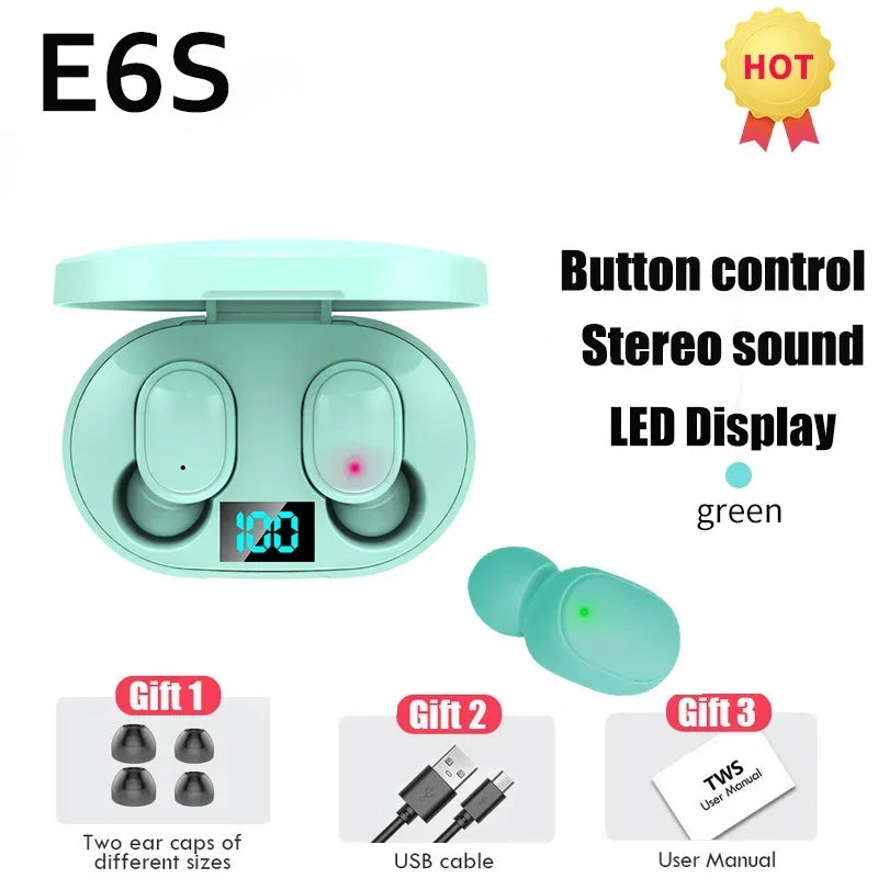 E6S wireless Bluetooth headphones with microphone noise cancellation LED display battery level music and sports headphones