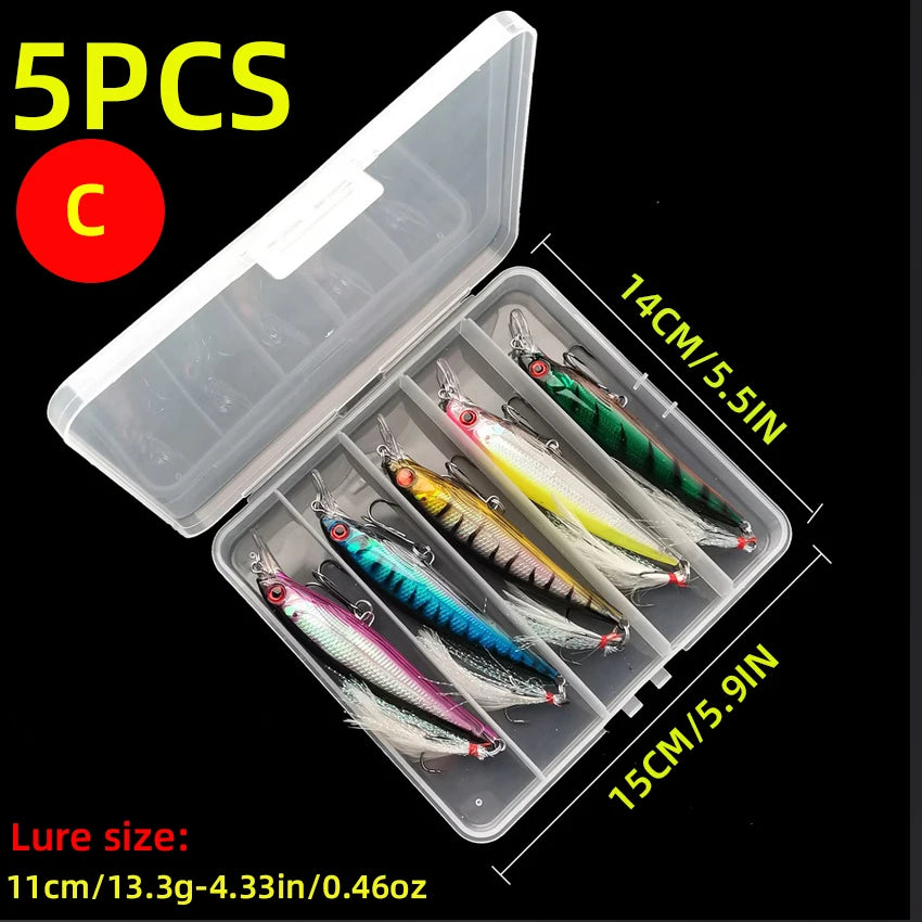 Aorace 5pcs/box Laser 3D Eyes Bionic Minnow Fishing Lure -13.3g Hard Bait with Feather Treble Hooks for Maximum Catch