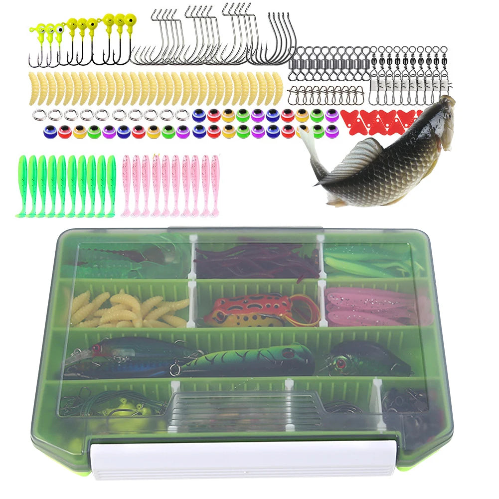 240PCS Fishing Lures Kit with T Tail Fishing Lure Fishing Lure Eye Tackle Accessories with Fishing Swivels Jig Hooks Tackle Box