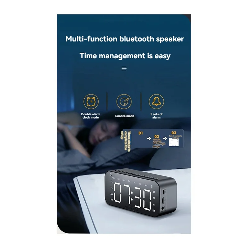 RALCA-LED Digital Alarm Clock With Bluetooth 5.1 Rechargeable Portable Music Player 3 Levels Brightness Phone Stand A