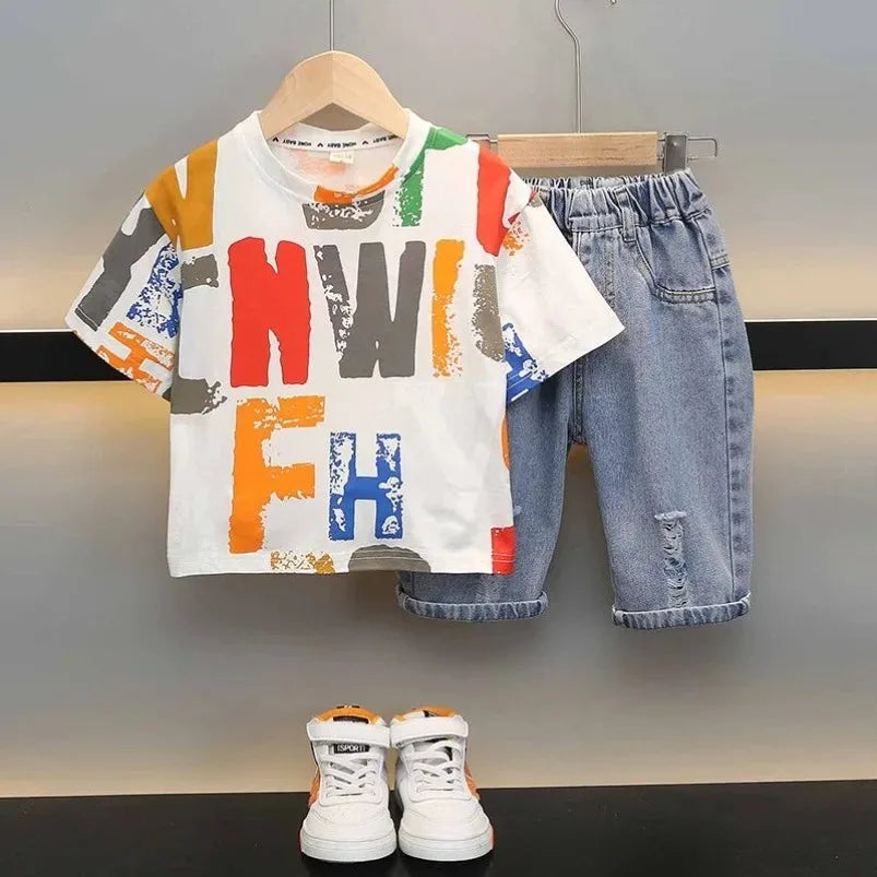 Kids Clothing 2pcs Sets Boys Grey Hole Short Sleeved T-shirt+ Denim Shorts Summer Suit 2025 New  Handsome Baby Clothes