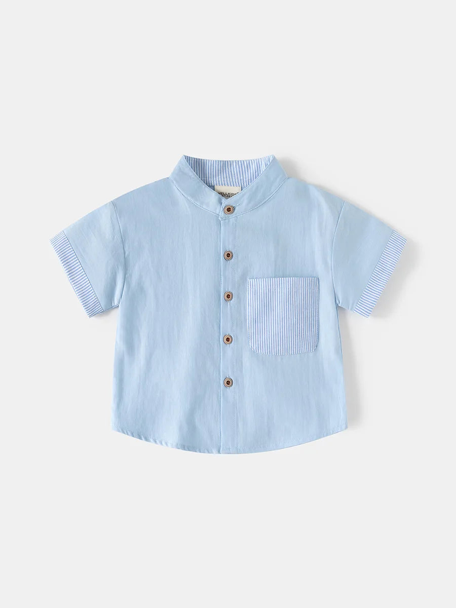 2026 Summer 2T-6T Korean Childrens Clothing Blue and White Striped Pattern Shirt for Boys kids Stand Collar Shirt