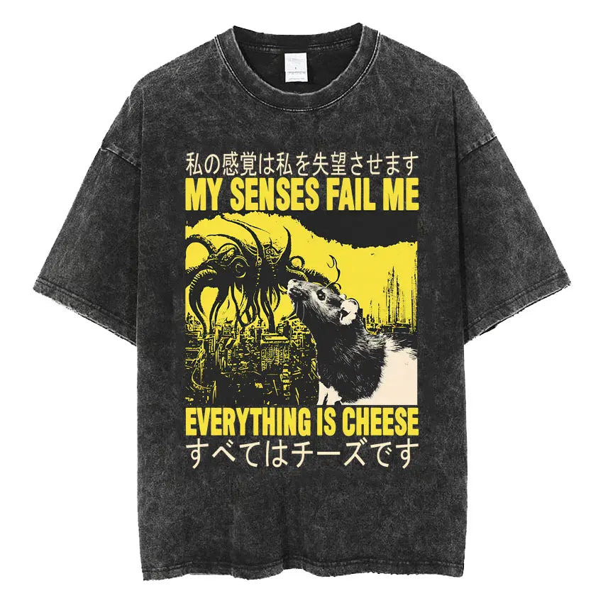 Mens Clothes Vintage Washed The Harbinger of Awkward Situations Weirdcore Japanese Funny Short Sleeved Round Neck Y2k Tshirt