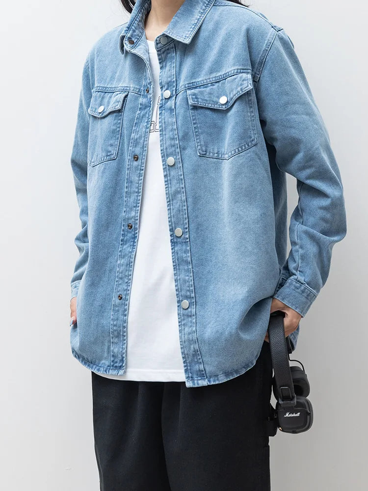 Men's Denim Shirts with Two Chest Pockets Metal Button Long Sleeve Jeans Shirts Loose Fit 2025 Autumn New Daily Leisure