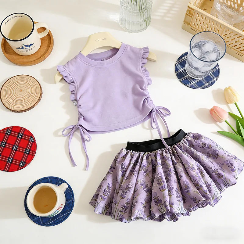 Kids Girls Summer Clothes Sets Fashionable Lace T-shirt + Floral Skirt Pants Children Clothing Baby 2pcs Sets Kids Clothes Girls