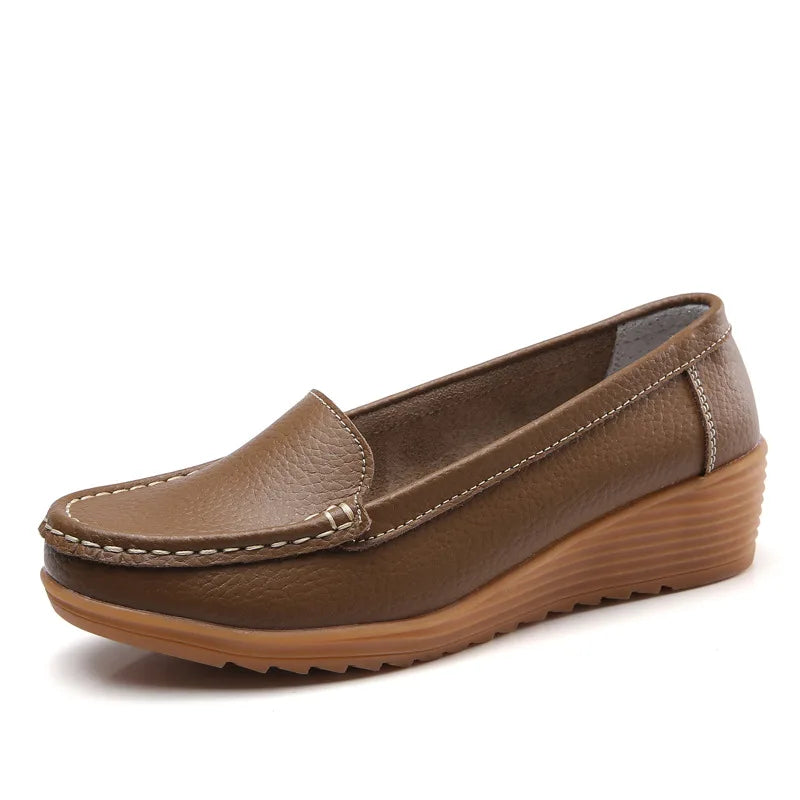 Women Shoes for Work Wedge Low Heels Casual Shoes Woman Slip-on Spring Autumn Genuine Leather Comfortable Female Shoes WSH2693