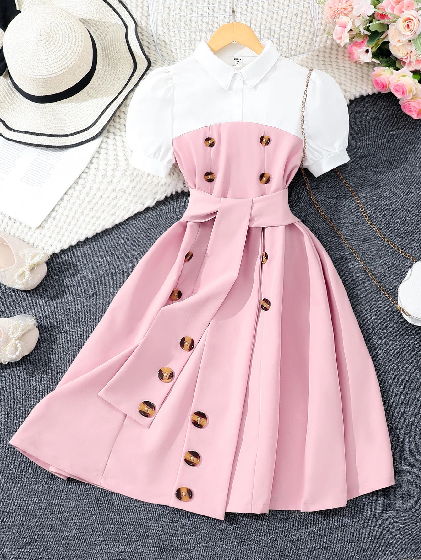 Kids Girls Clothing Summer Short Sleeve Montage Contrasting Colors Children Dress Casual Fashion Youth Girls Dress 13-16 Years
