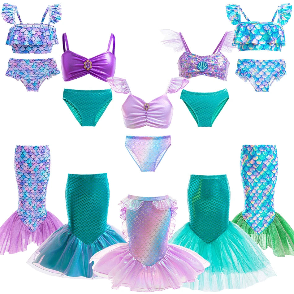 Girls Mermaid Swimsuits Summer Holiday Beach Wear Children 3 Pcs Fishtail Print Swimwear Kids Princess Quick Drying Sets 2-8 Yrs