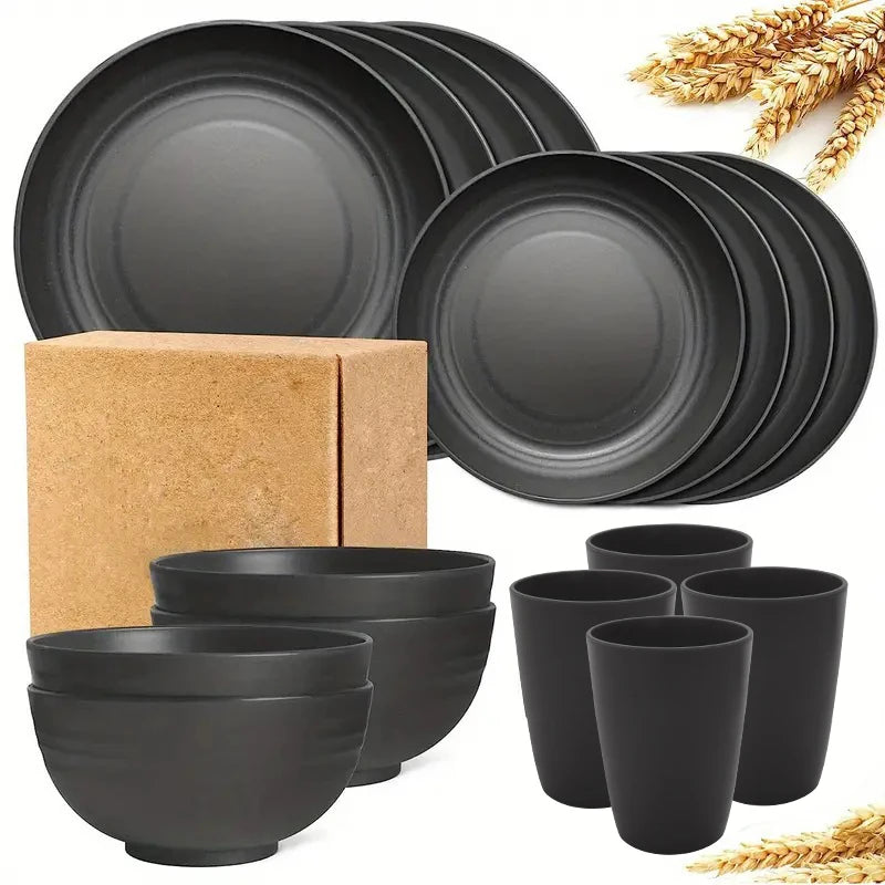 16 pieces of pp tableware set, including (9.1-inch) plates, (7.8-inch) plates, dinner bowls and beverage cups.