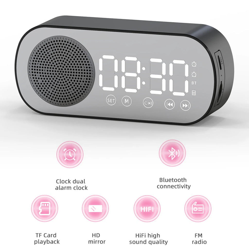 Digital Alarm Clock Bluetooth 5.0 Speaker LED Display Mirror Desk Alarm Clock with FM Radio Support TF Card Play for Home Office