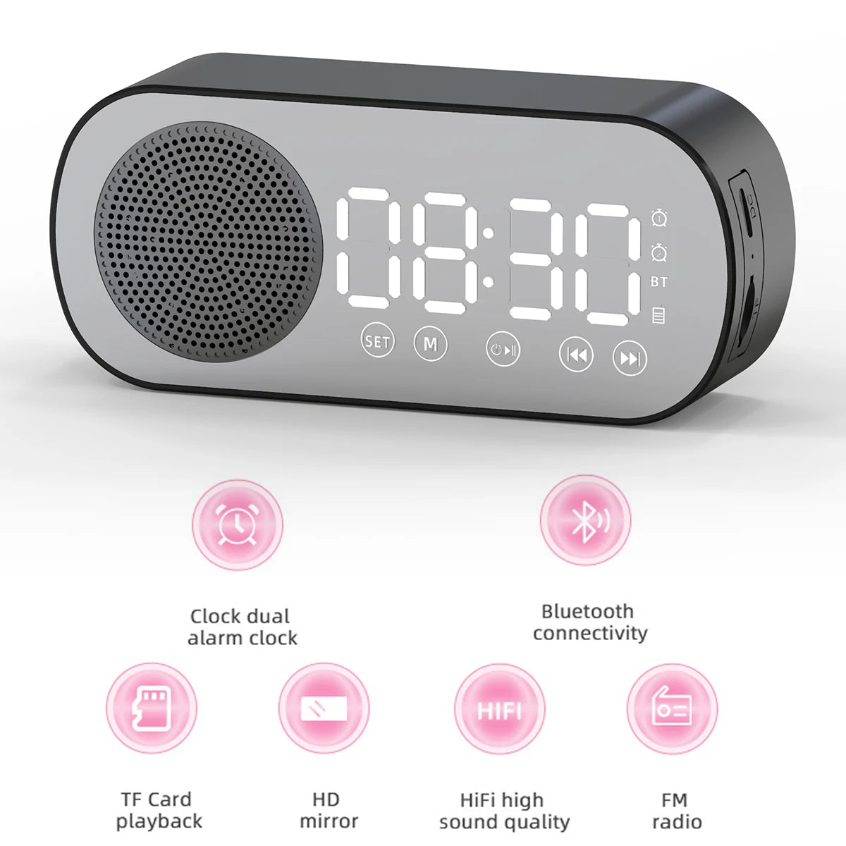 Digital Alarm Clock Bluetooth 5.0 Speaker LED Display Mirror Desk Alarm Clock with FM Radio Support TF Card Play for Home Office