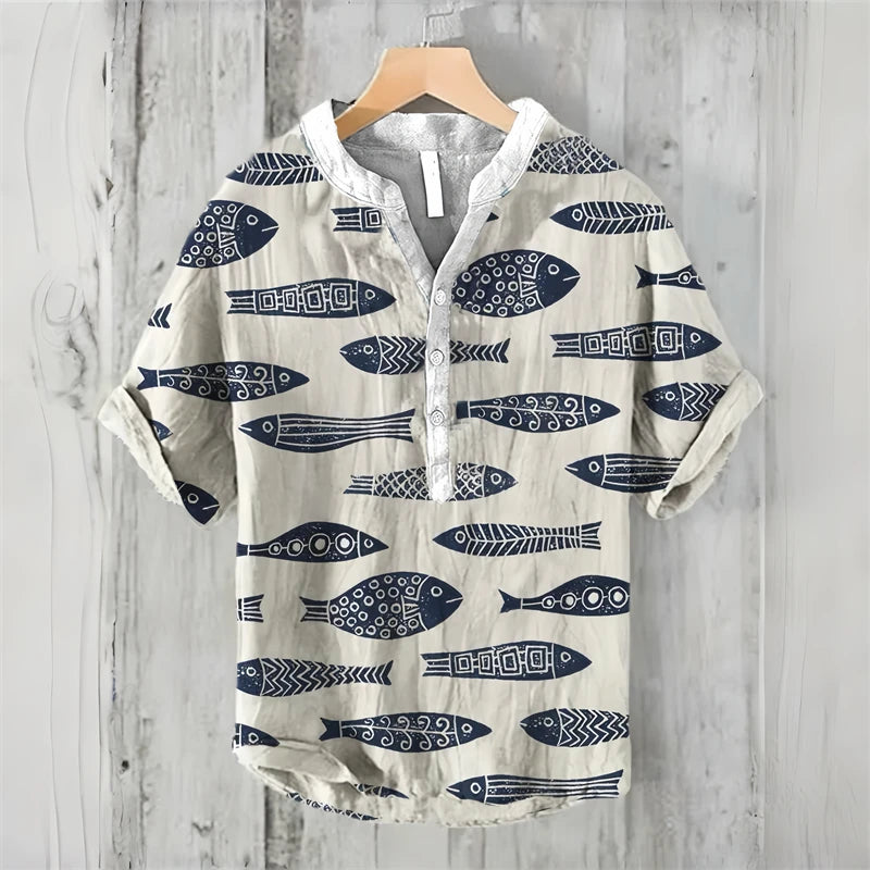 Spring and summer men's and women's shirts, fashionable shirts, casual fish pattern Hawaiian style printed shirts, linen tops