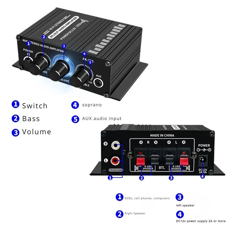 Car Speaker Mini Amplifier 2 Channel DC12V Tweeter Stereo Car Computer Mainstream Audio Equipment MP3 Mobile Phone Input