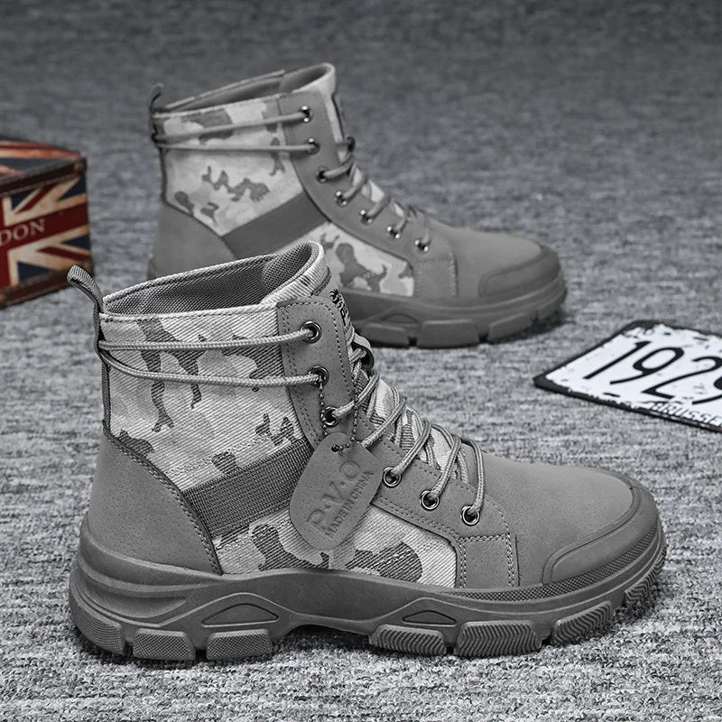 Mens Camouflage High Top Work Boots Comfortable Sneakers Outdoor Hiking Shoes Thick Sole Non-Slip Durable Lace-Up Platform Boots