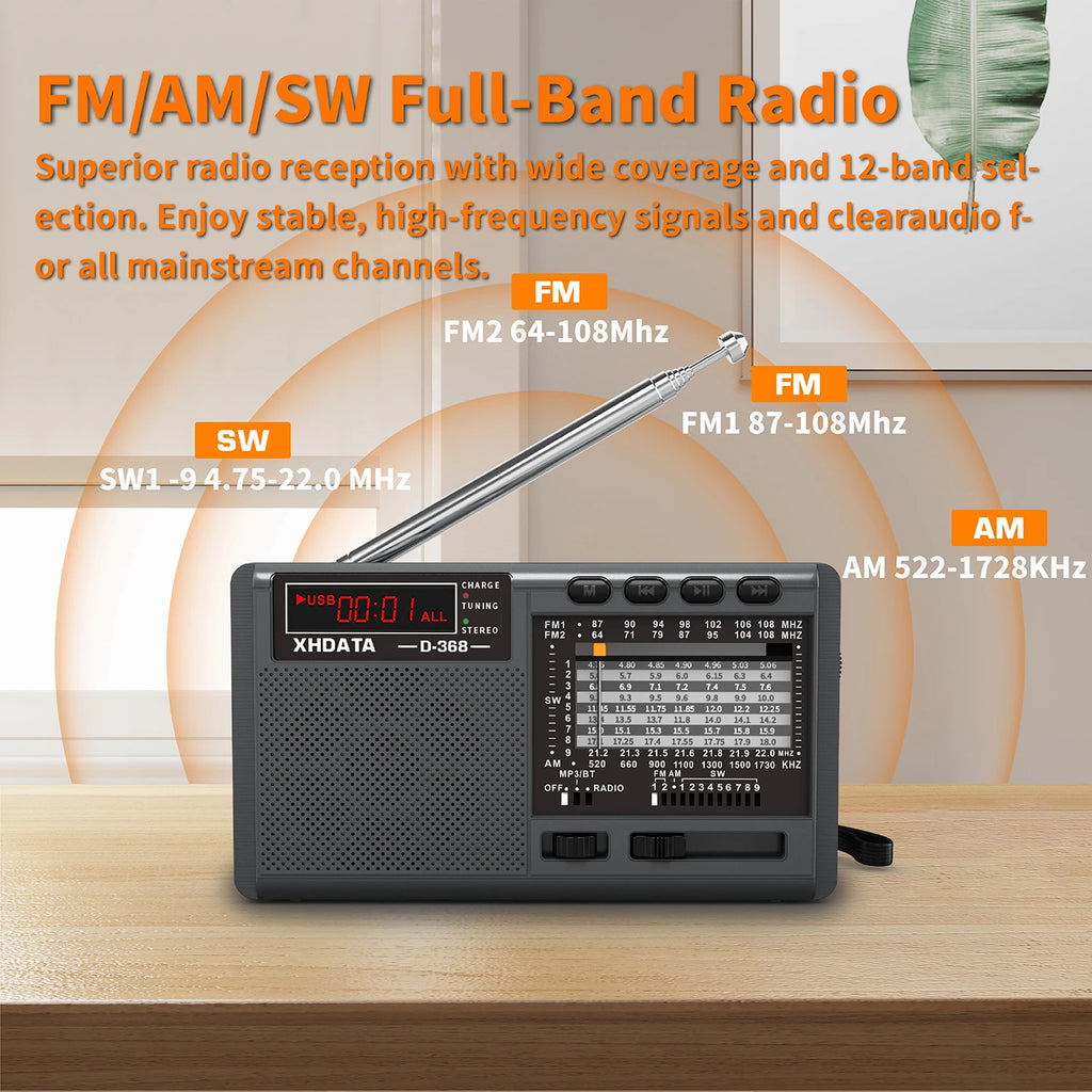 XHDATA D-368 Portable Stereo Radio FM AM SW MP3 Player with Bluetooth TF Card USB Playback 4Ω 3W Speaker Rechargeable Battery