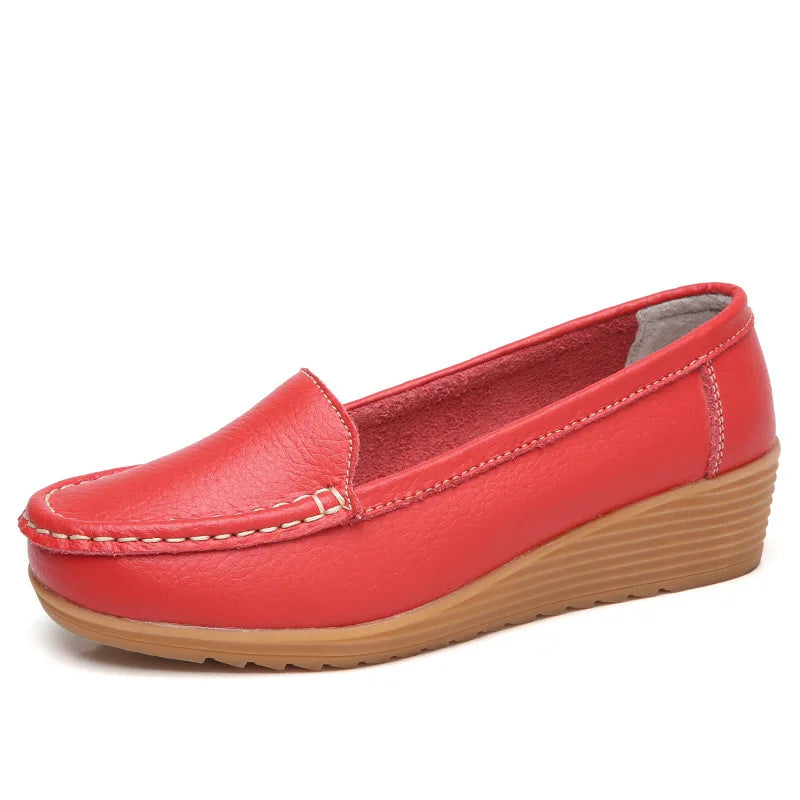 Women Shoes for Work Wedge Low Heels Casual Shoes Woman Slip-on Spring Autumn Genuine Leather Comfortable Female Shoes WSH2693