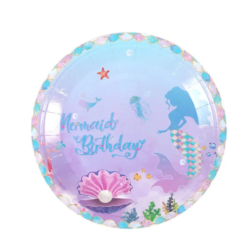 Mermaid Themed Party Disposable Tableware Purple Paper Plate Cup Knife Fork Spoon Girls Birthday Party Supplie Baby Shower Decor