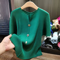 Miyake Button Decorative Dragon Scale Pleated Blouse Wild Loose Thin Short-sleeved T-shirt Female Summer New Large Size Clothes