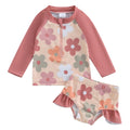 Baby Girls Bathing Suit Set Floral Long Sleeve Back Zip Up Rash Guard Swimsuit + Swim Shorts Infant Toddler Child Beachwear