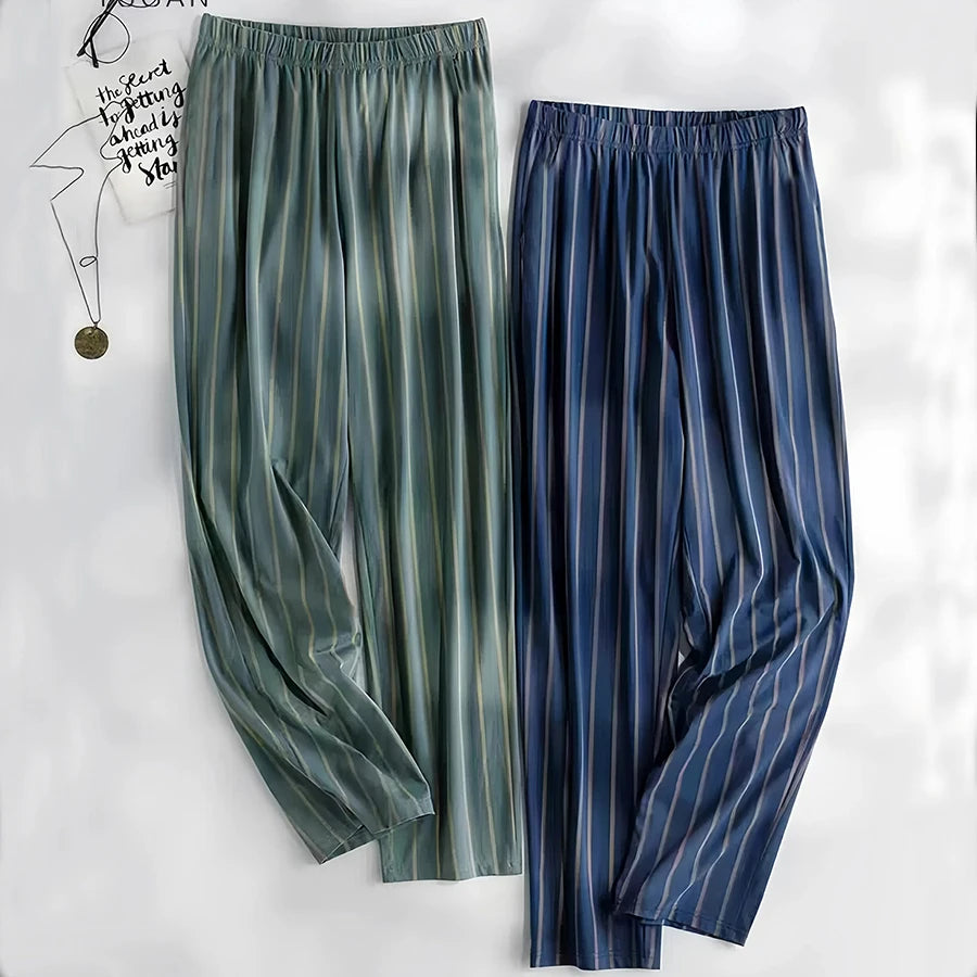 Good-Looking Men's Pajama Pants for Spring, Autumn, and Summer, Thin Long Pants, Plus Size, Loose Plaid Home Pants for Middle-Aged Dads