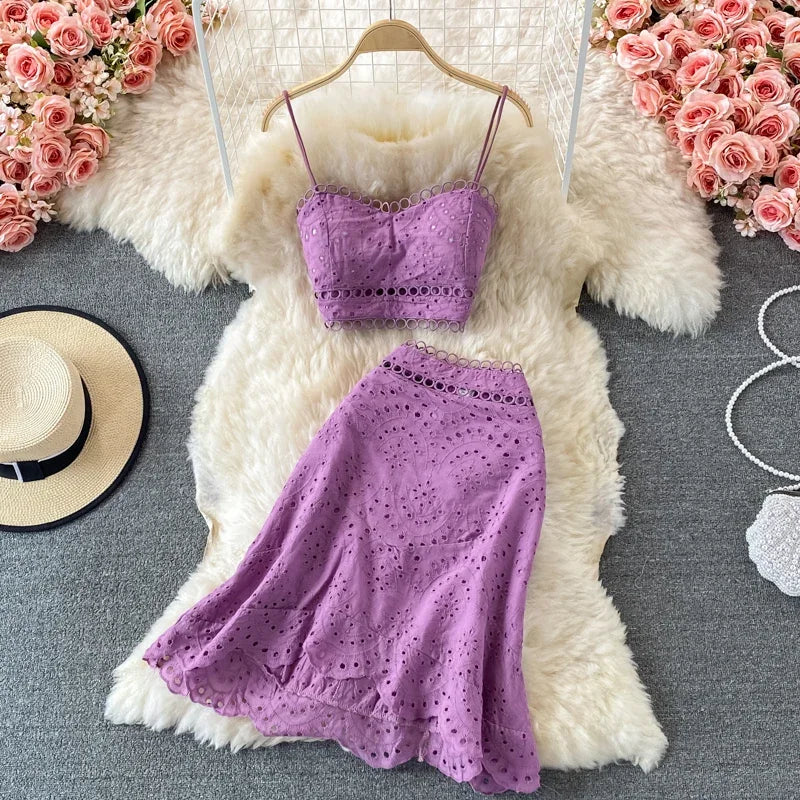 Summer Elegant Casual Fashion Skirts Suit Women Hallow Out Sleeveless Tanks Tops A-Line Two Pieces Set Female Outfits