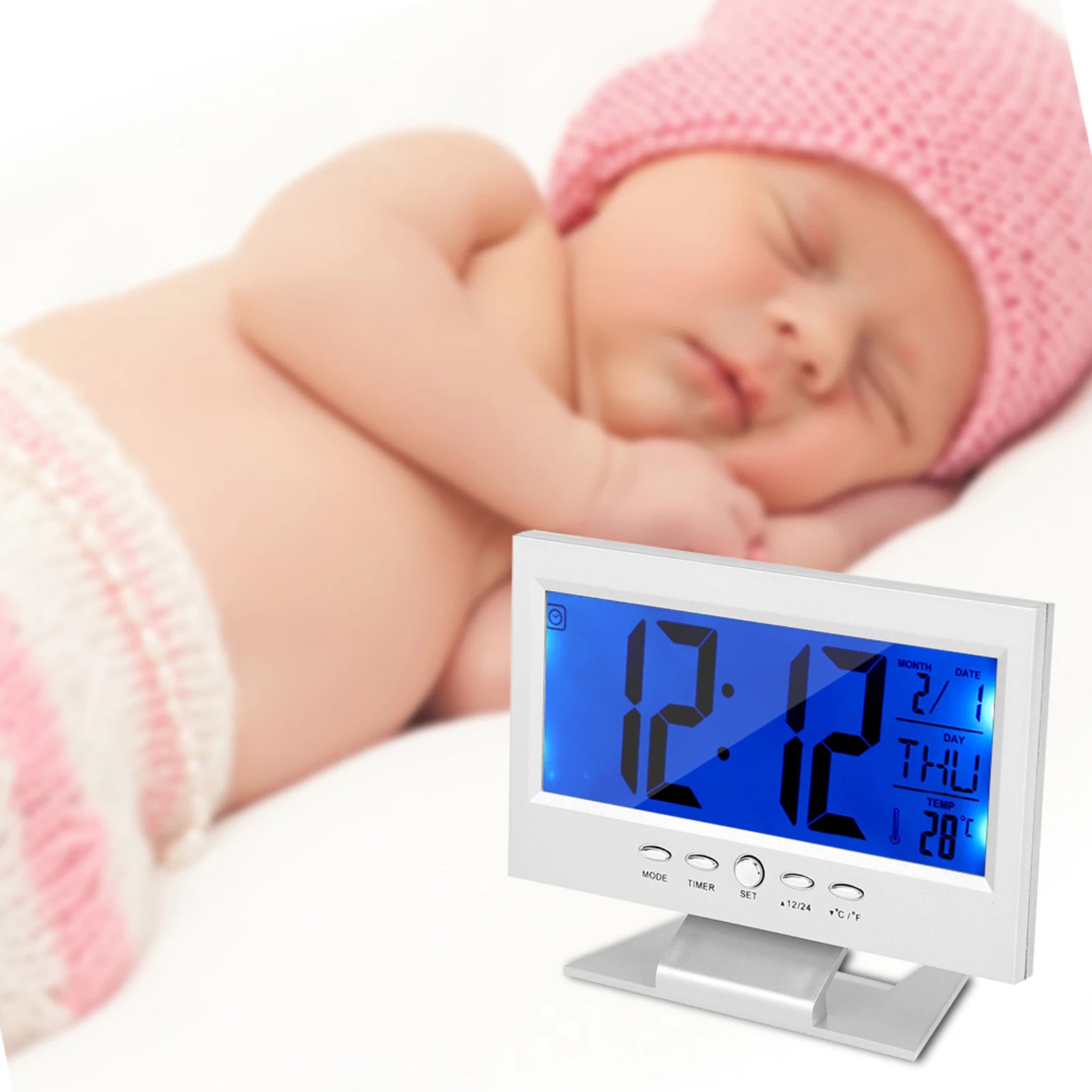 Alarm Clock Temp Display Clock Sound Sensor Clock LCD Digital Sound Sensor Table Desk Alarm Clock with Calendar and Temp Display