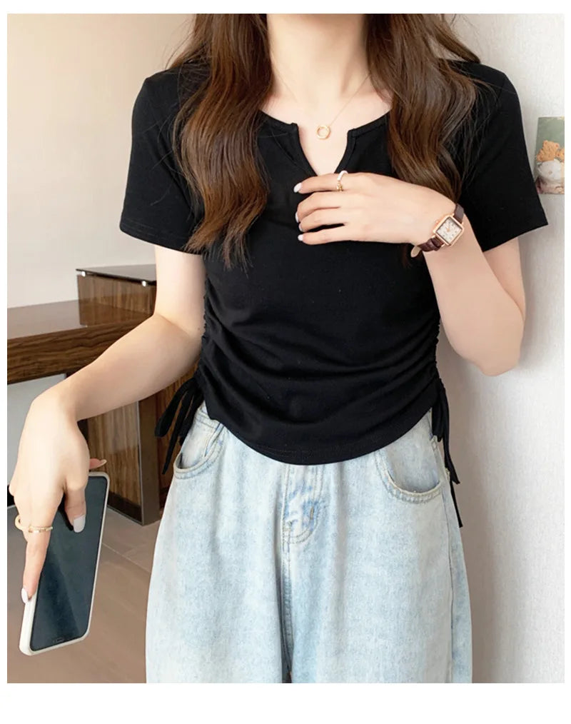 Summer Korean Fashion Y2K T-shirt Woman V-neck Drawstring Tee Shirt Femme Sexy Short Sleeve Clothes Women Kpop Crop Tops 90S