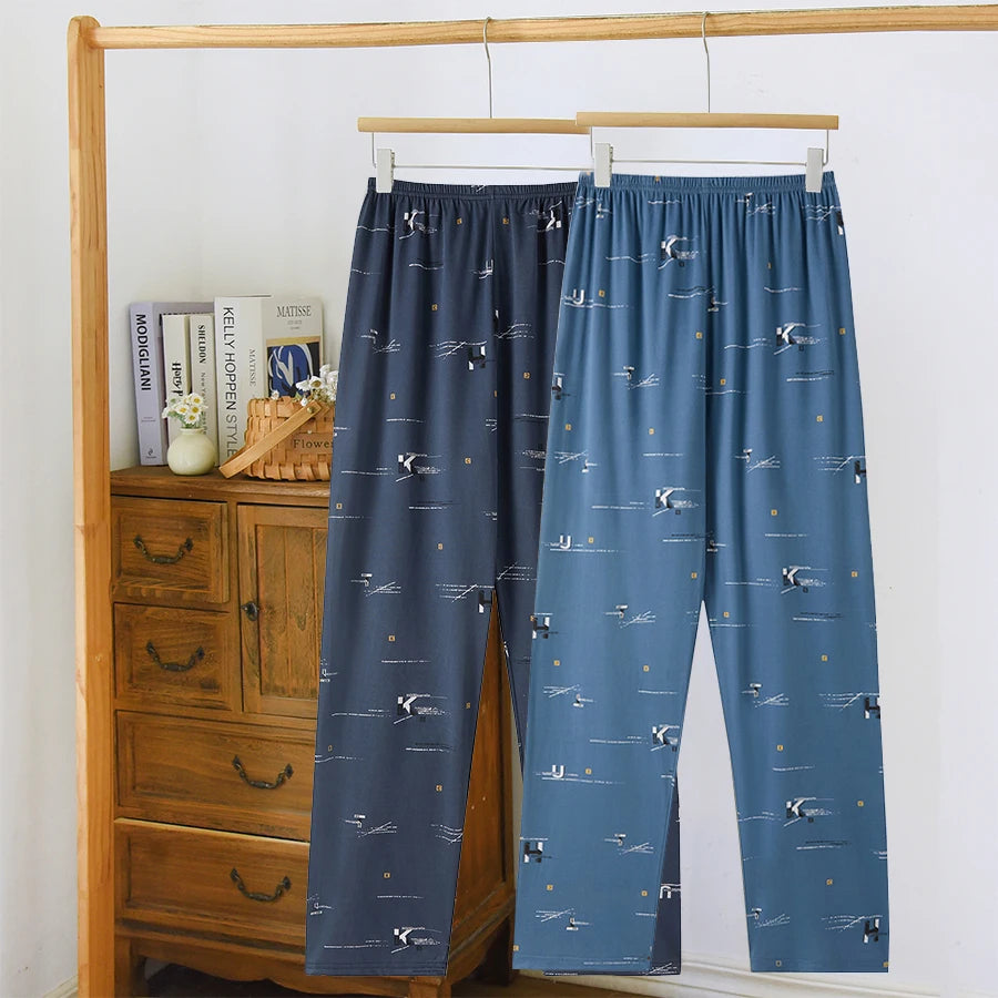Good-Looking Men's Pajama Pants for Spring, Autumn, and Summer, Thin Long Pants, Plus Size, Loose Plaid Home Pants for Middle-Aged Dads